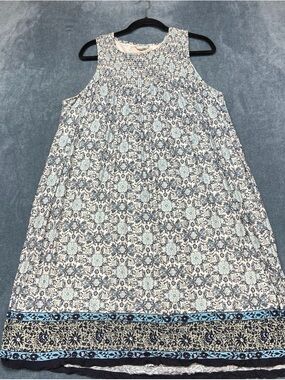 LOFT Navy and Light Blue Sleeveless Floral Border Dress